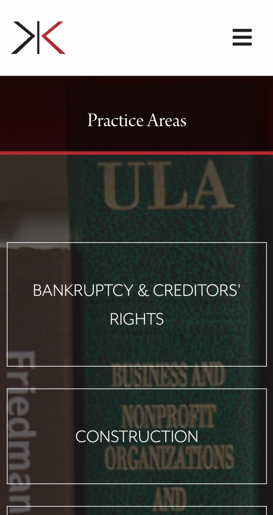 Katsky Korins mobile website practice areas section highlighting bankruptcy, creditors’ rights, and construction.