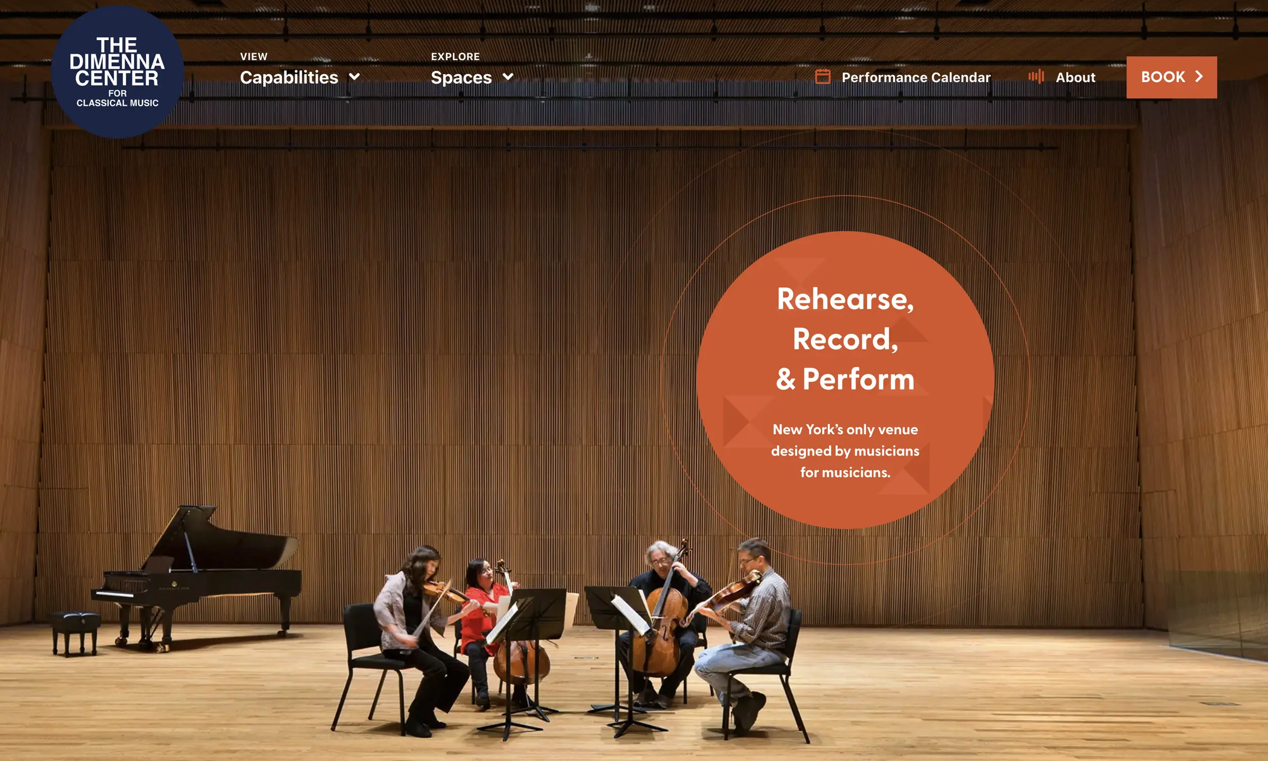 Desktop screenshot of The Dimenna Center homepage showing a wood-paneled concert hall with a string quartet rehearsing on stage and a large circular overlay reading “Rehearse, Record, & Perform.”