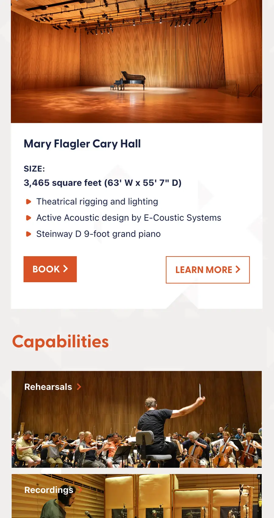 Mobile screenshot of The Dimenna Center page featuring Mary Flagler Cary Hall with a grand piano on stage, venue size details, bullet-point features, and prominent Book and Learn More buttons.